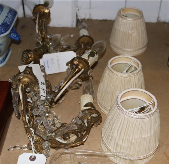Pair 2-branch brass & crystal wall sconces(-)